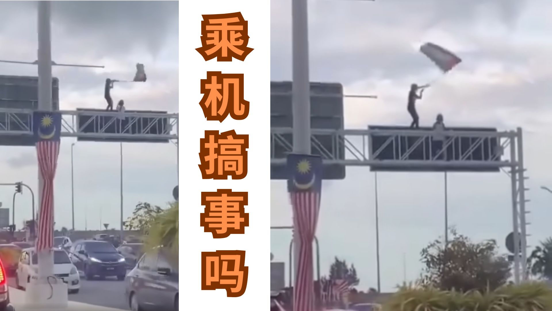 国宝冒死爬上路牌高处挥旗示威，到底是挺巴还是搞事？